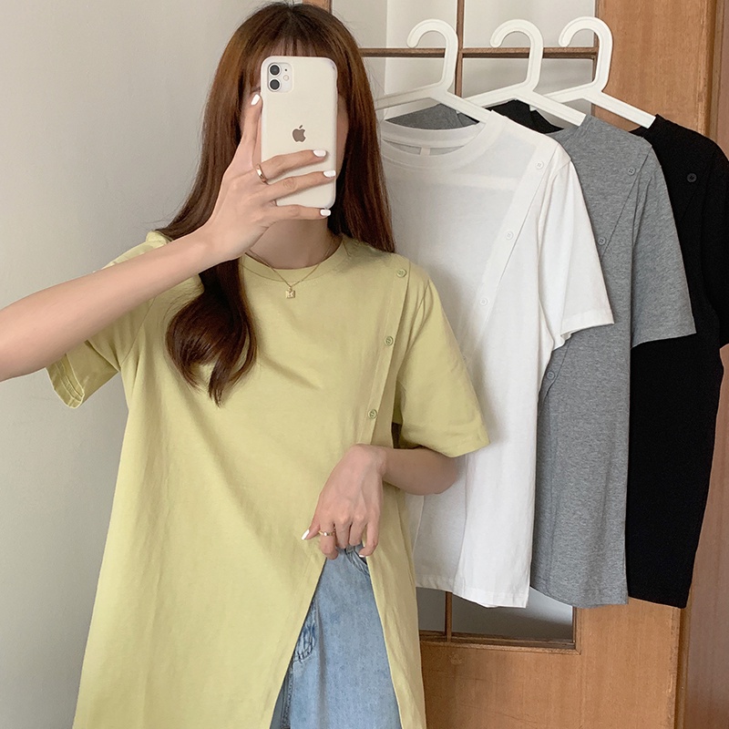 Áo thun nữ xẻ tà phối nút tay ngắn style Hàn quốc