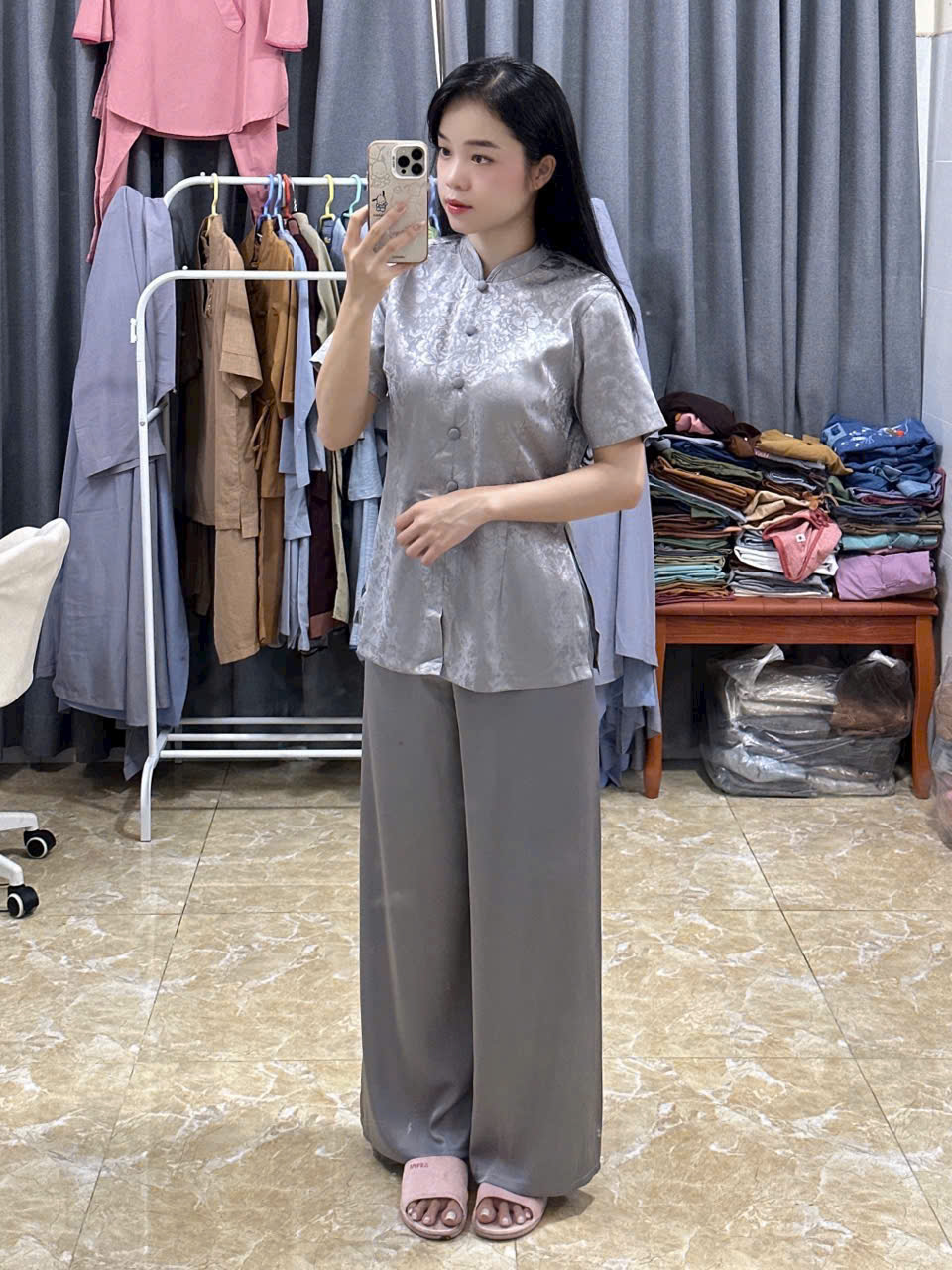 Đồ Lam Đi Chùa # Lụa Hoa Tay Phồng# Quần Áo Nữ
