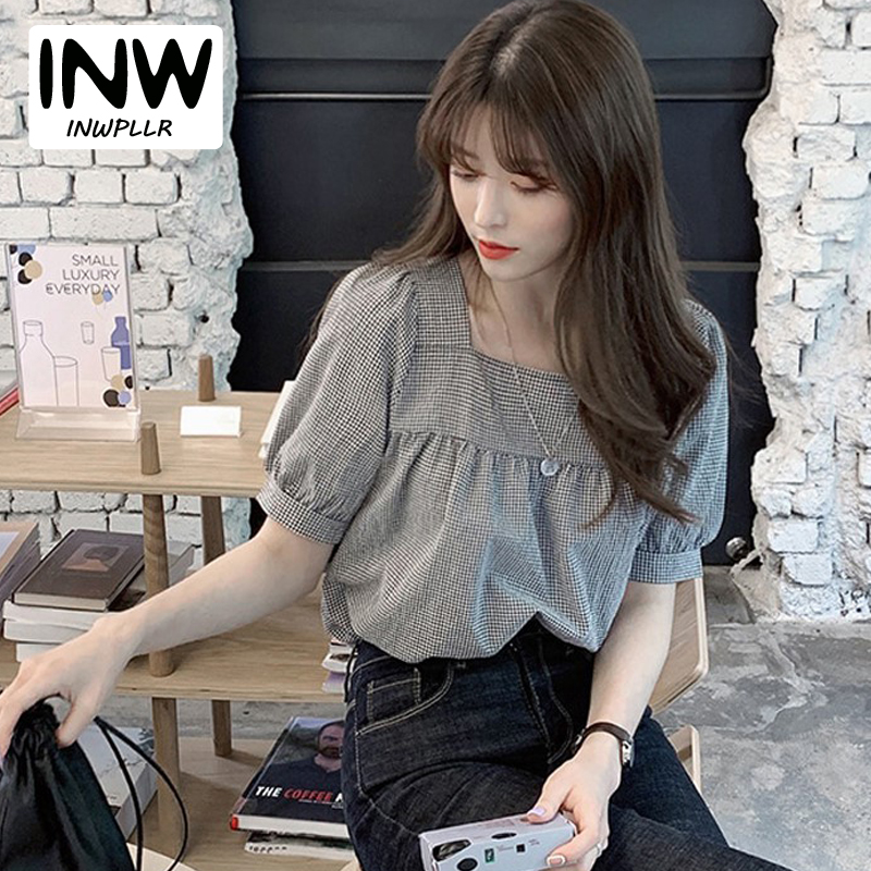 INWPLLR Áo Sơ Mi Nữ Phong Cách Mùa Hè Mới, Áo Voan Kẻ Sọc Áo Cổ Vuông Phù Hợp Áo Ngắn Tay Thường Ngày Thời Trang, Quý Cô