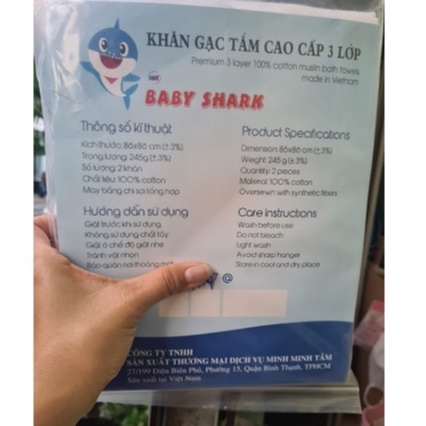 (86x86cm) Khăn tắm 3 lớp BABY SHARK dành cho bé