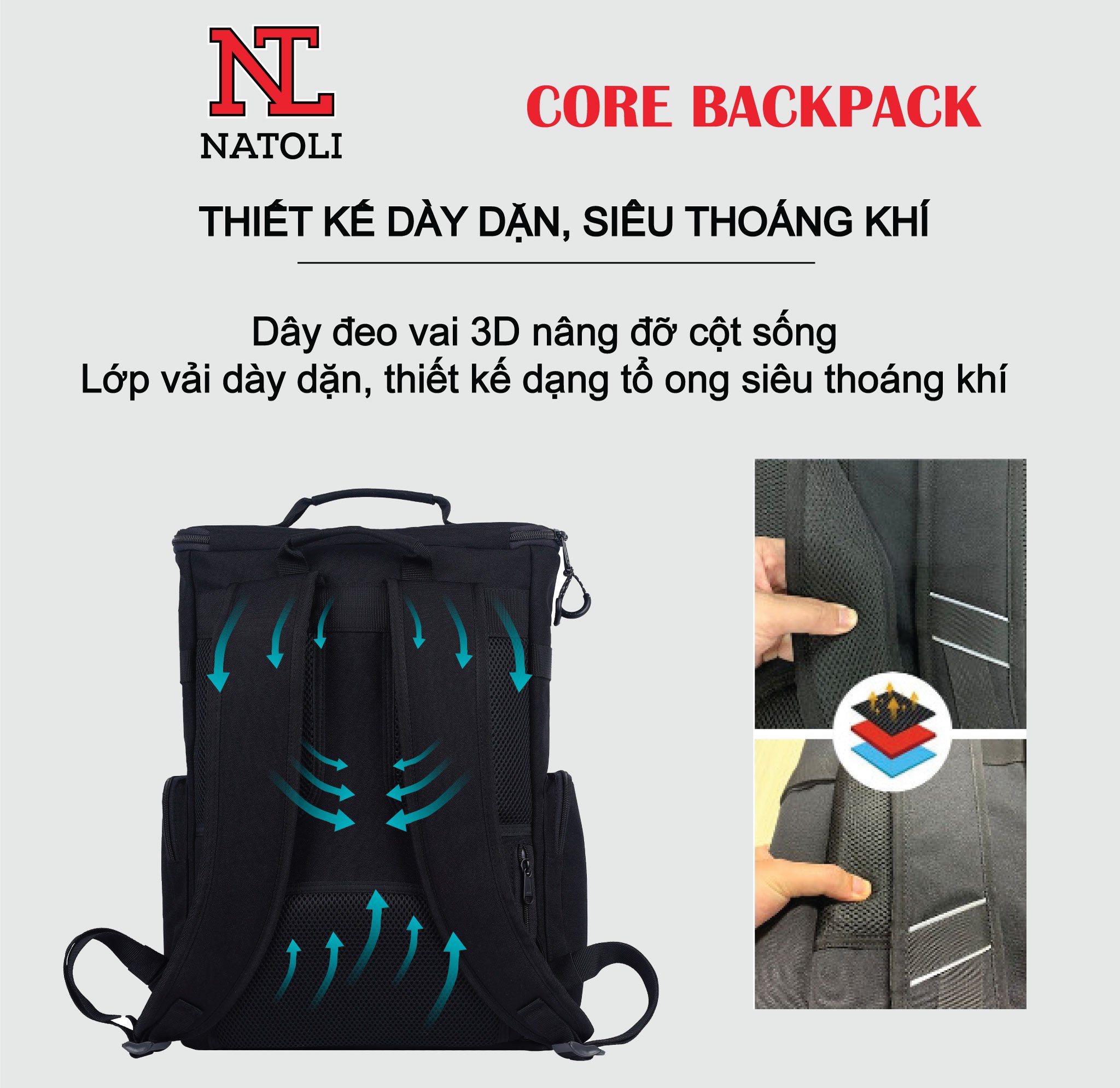 Balo sinh viên unisex CORE BACKPACK B9 chính hãng NATOLI ,Cặp đi học chất vải canvas kháng nước chống sốc nhiều ngăn thời trang cao cấp