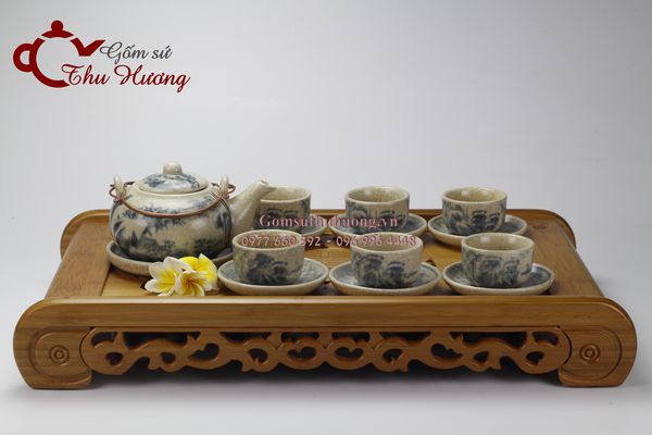 Bộ ấm trà Bát Tràng men rạn giả cổ dáng Nhật