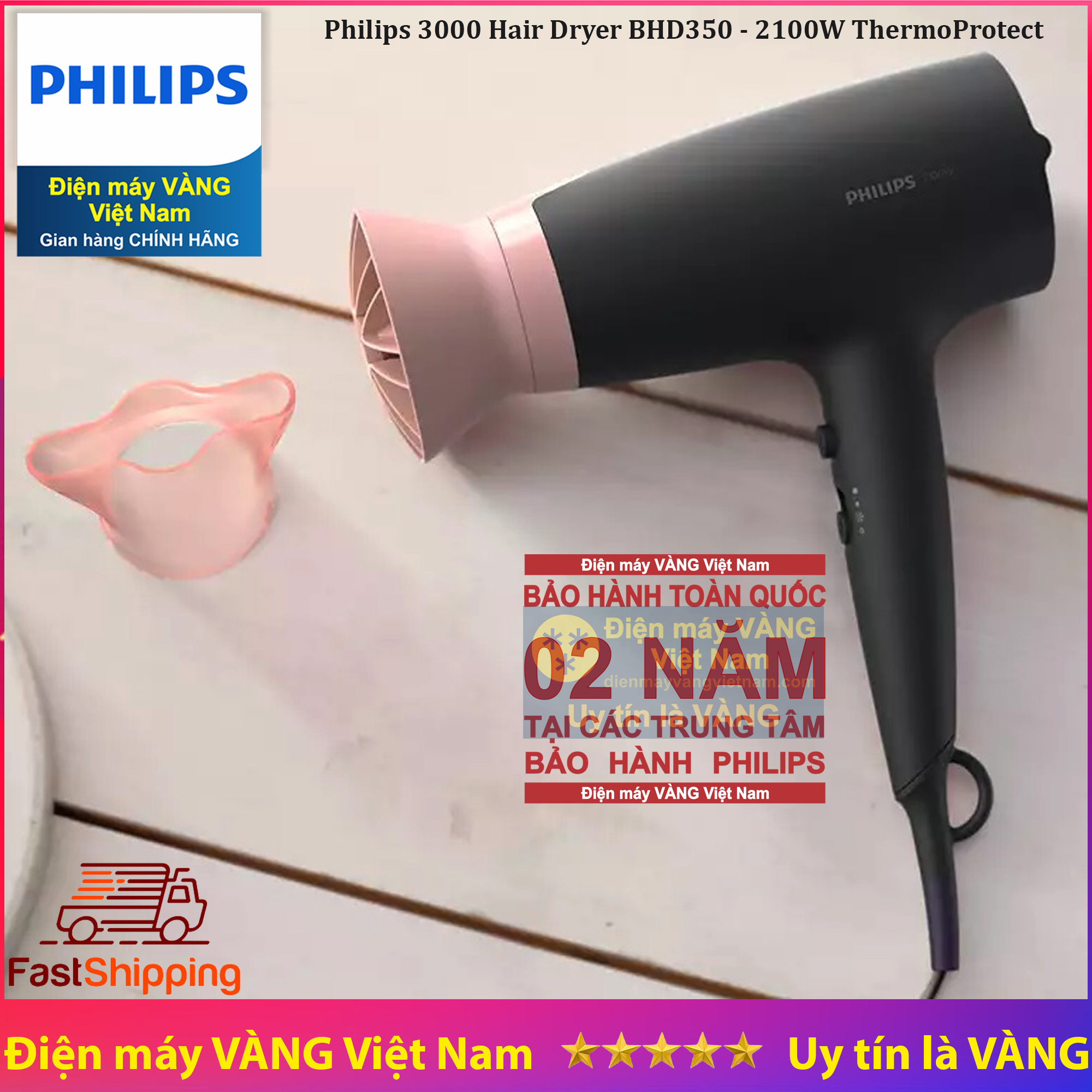 Máy sấy tóc Philips BHD350/10 Công suất: 2100w, 3 chế độ sấy tóc với chế độ nhiệt Thermo Protect cùng chế độ sấy mát - Hàng chính hãng