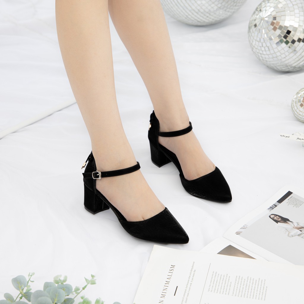 Giày Cao Gót 5p Đế Vuông Bít Mũi Có Nơ Dễ Thương