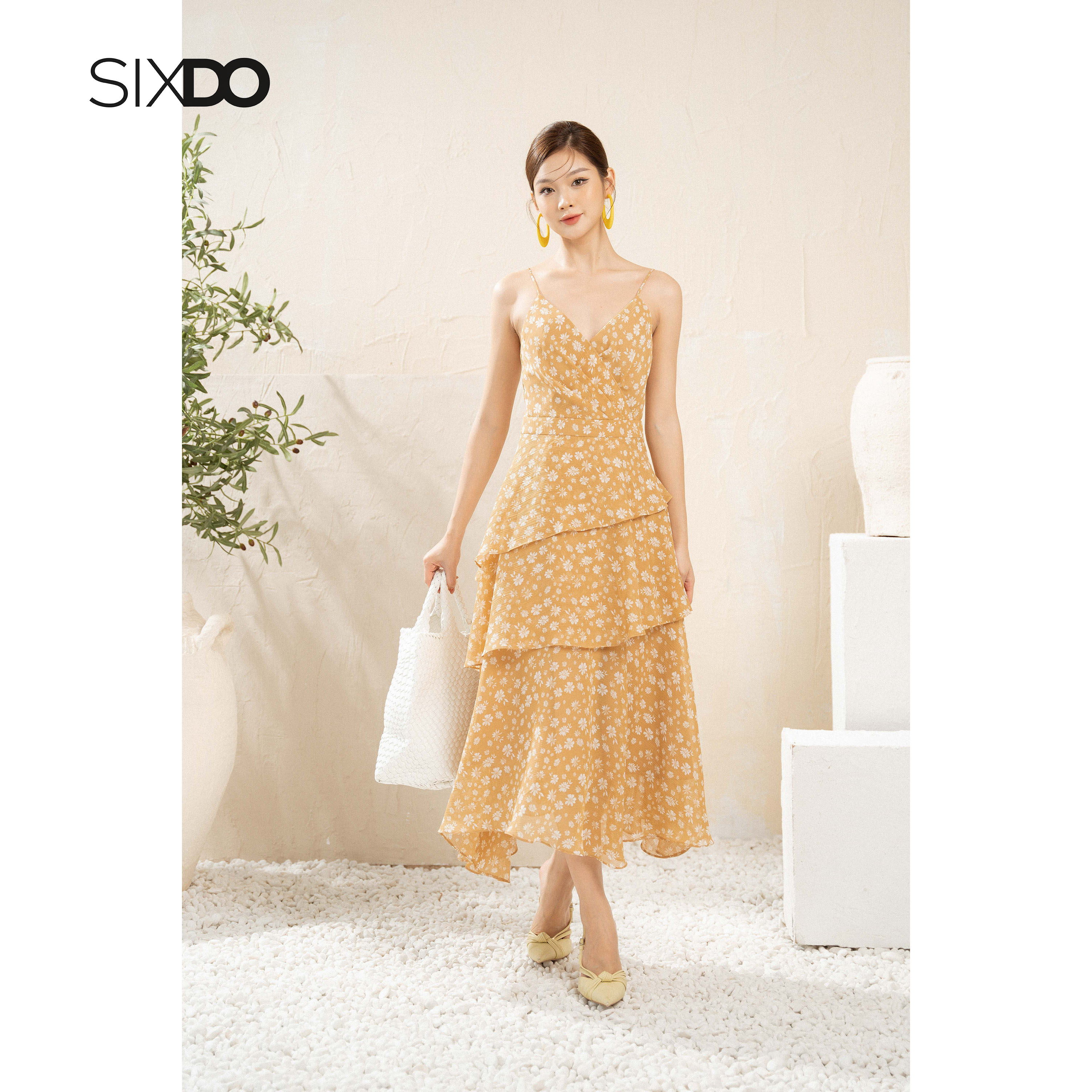 Đầm voan hoa hai dây xếp tầng thời trang SIXDO
