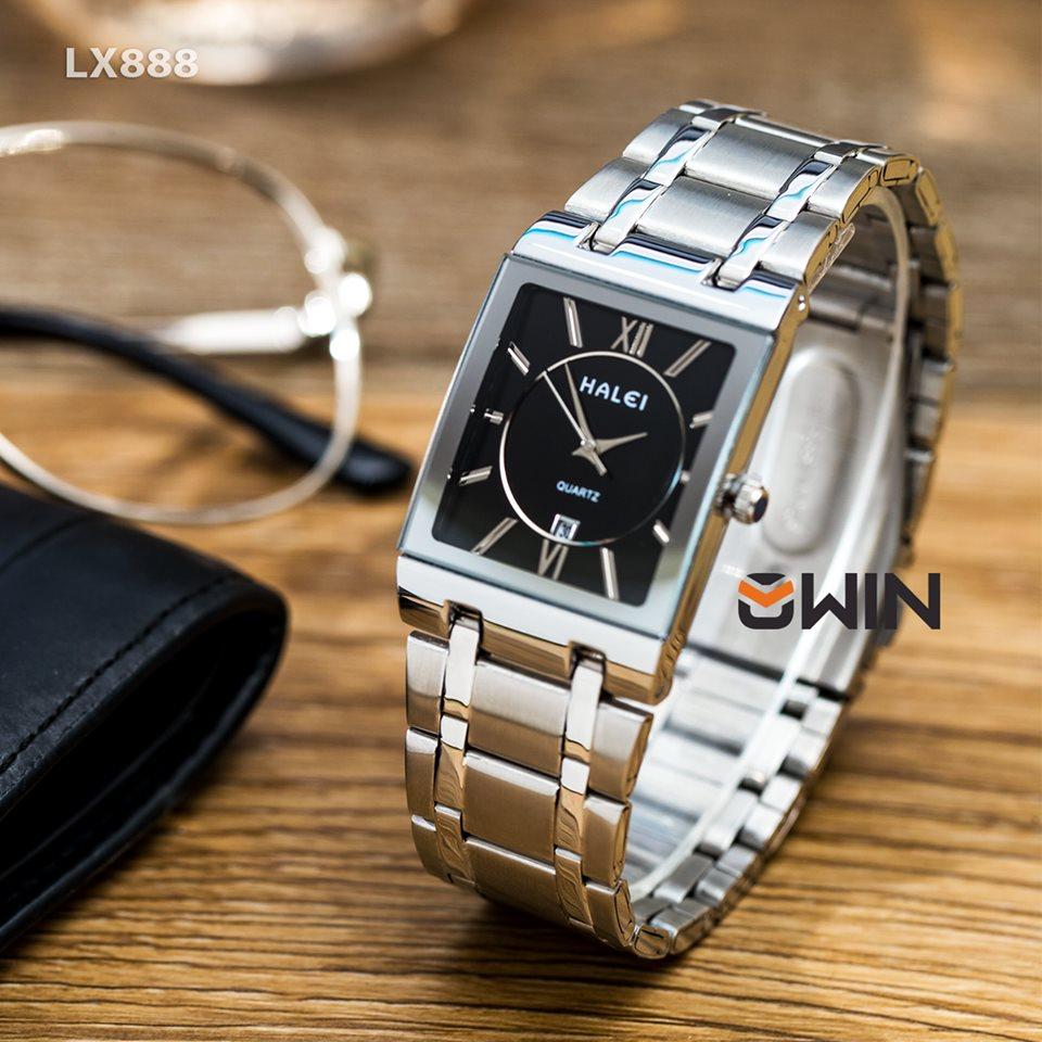 Đồng hồ Halei nam HL3 Mặt đen dây thép bạc đặc cao cấp mặt kính vuông đẳng cấp doanh nhân
