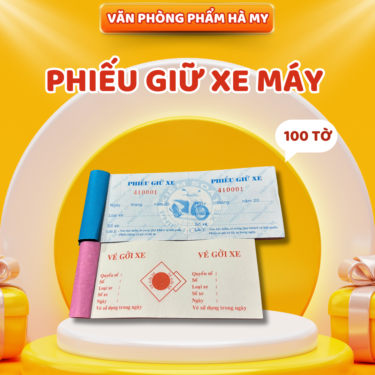 Xấp 100 Tờ Phiếu vé giữ xe máy Khổ 7x16cm Có số và không số