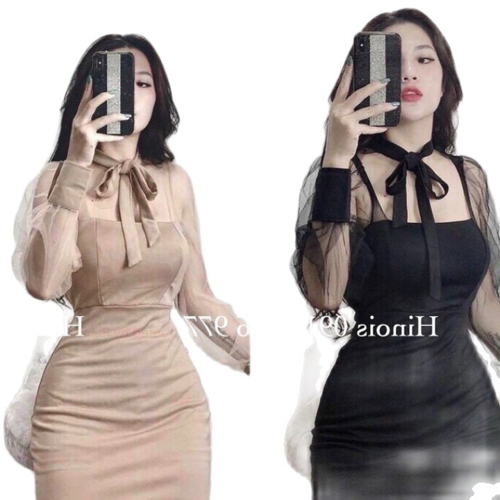 Váy đầm ôm boby thắt nơ phối voan lưới