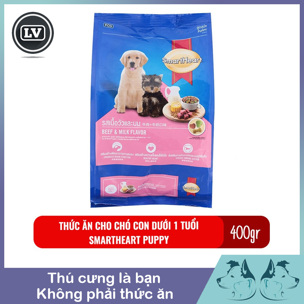 Hạt khô cho chó - Thức ăn cho chó con Smartheart Puppy vị Bò và Sữa túi 400g