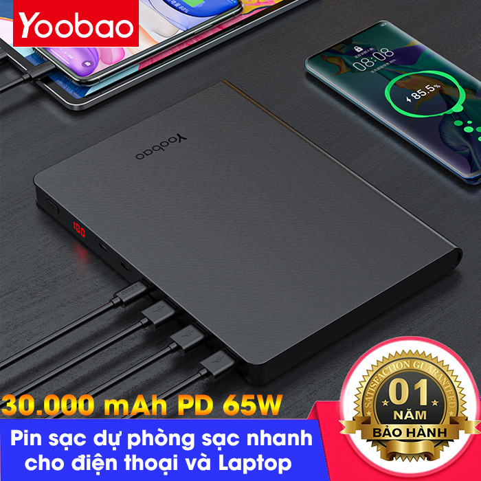 Pin sạc dự phòng Yoobao PD 65W 30000mAh PD3.0 (PPS) 3 cổng sạc vào Type C / Micro USB / Lightning Sạc nhanh cho điện thoại và Laptop PD QC3.0 hiển thị phần trăm pin- Hàng chính hãng