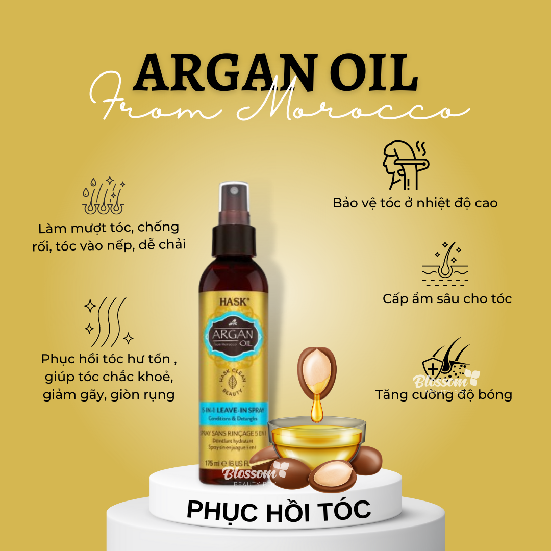 Xịt dưỡng tóc phục hồi tóc hư tổn Hask Keratin, Argan oil 5-in-1 Leave-in Spray 175ml