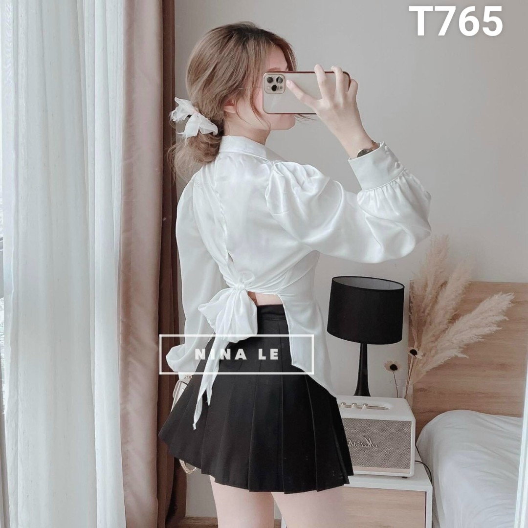 [HCM]set áo sơ mi tay dài phi lụa kèm chân váy kate xoè T765