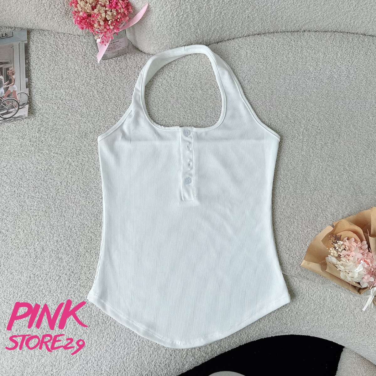 Áo kiểu cổ yếm vạt bầu pinkstore29 phối cúc cài cổ nữ tính a5952