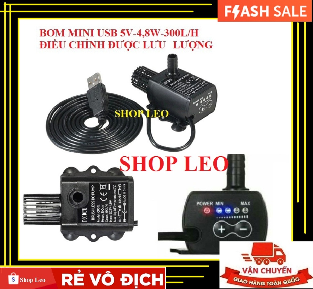 [Hoàn Tiền 10%]BƠM MINI USB 5V-4,8W (300L/H) ĐIỀU CHỈNH ĐƯỢC LƯU LƯỢNG- BƠM CHÌM MINI - BƠM KHÔNG CHỔI THAN - bơm mini tiểu cảnh - phụ kiện chế lọc mini - lọc nano - shopleo