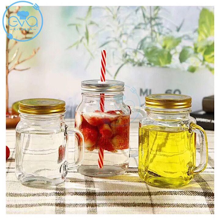 Bộ 10 Ly Quai Thủy Tinh Trơn 450ml-Ly Mason Jar Thủy Tinh Tay Cầm 450ml / Ly Sinh Tố, Nước Ép