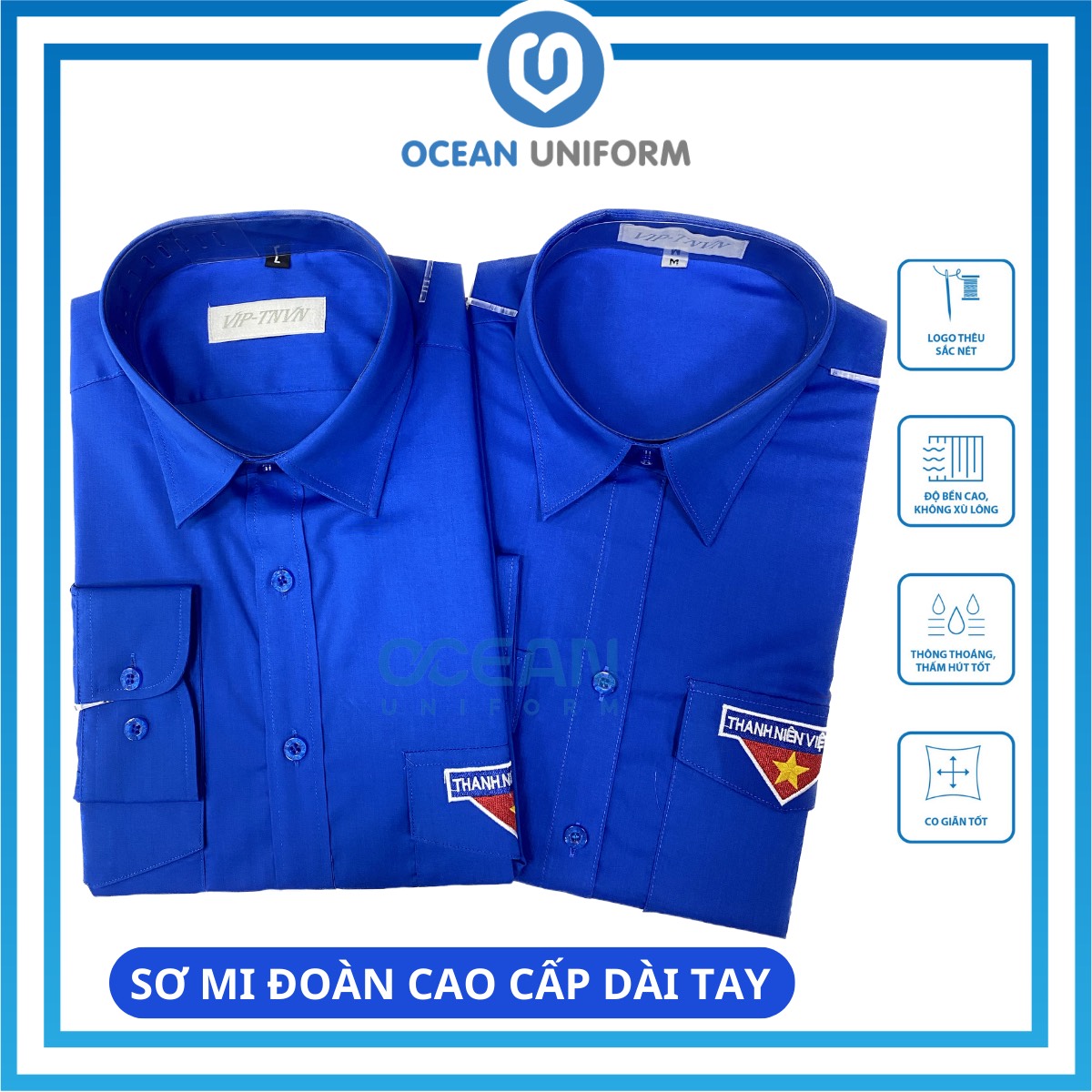 Áo Sơ Mi Đoàn Thanh Niên Cao Cấp Dài Tay Nam Nữ,Vải Pangzim Hàn Quốc,Logo Thêu [OCEAN UNIFORM]