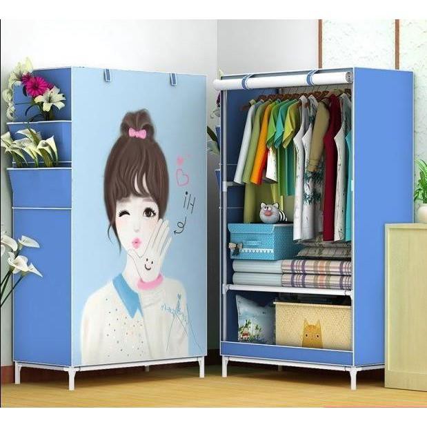 Tủ vải đựng quần áo cao cấp kiểu dáng 3D 1 buồng 2 ngăn, tủ vải khung inox treo quần áo nhỏ gọn