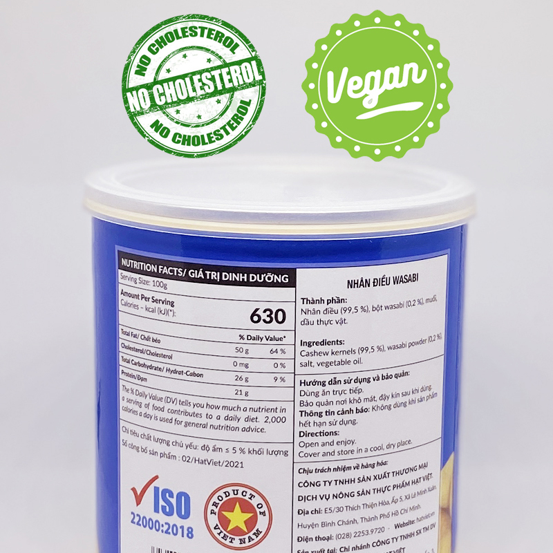 Vietnuts - Hạt điều wasabi hộp 200g - phong cách chuẩn Nhật Bản, cay nồng giòn rụm - hạt dinh dưỡng tốt cho sức khỏe