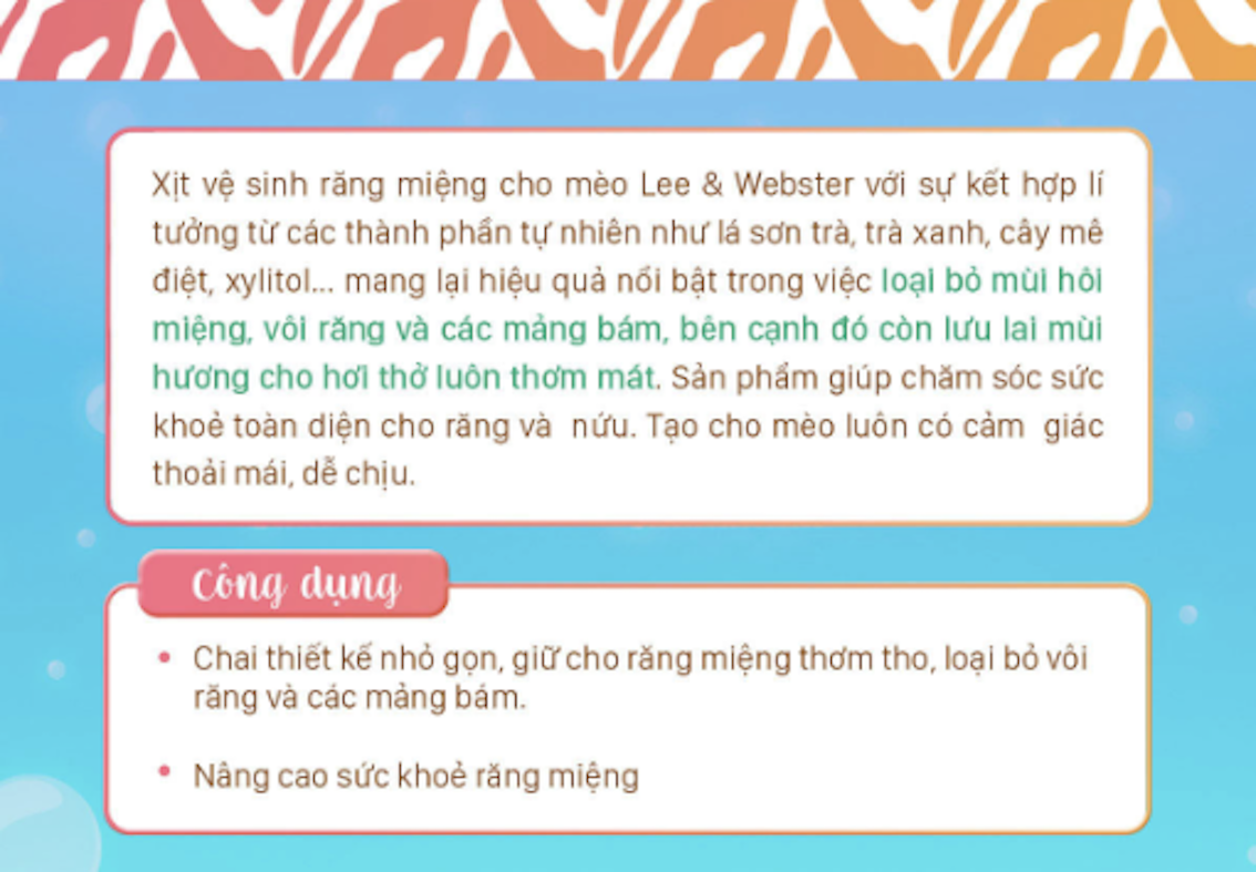 Xịt vệ sinh răng miệng Lee Webster cho mèo 130ml