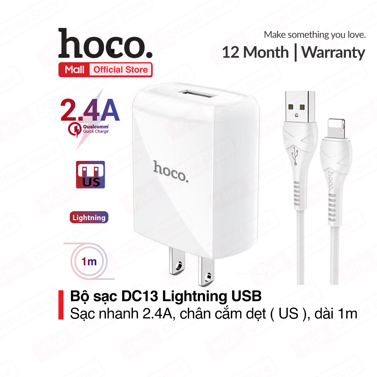 Bộ sạc DC13 Lightning USB sạc nhanh 2.4A tương thích với nhiều dòng iPhone/iPad chân cắm dẹt tiêu chuẩn US kèm dây dài 1m
