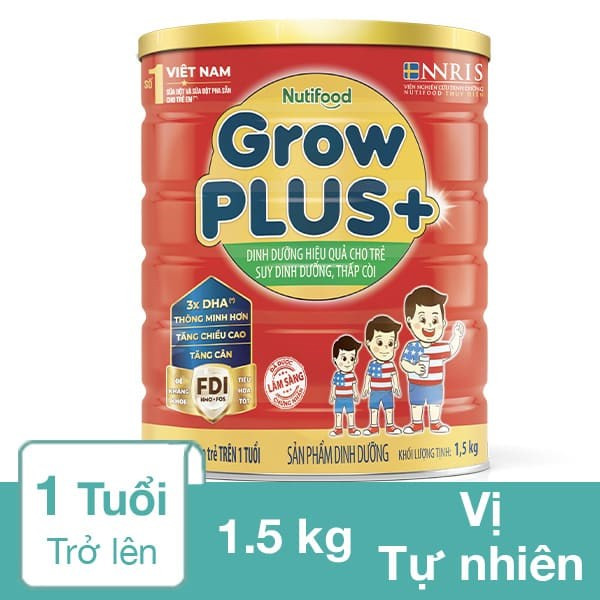 (HSD T1-2028) (Mẫu Mới) Sữa Bột Nutifood Grow Plus+ Đỏ 1+ Hộp 1,5kg (Cho Trẻ Từ 1-2 Tuổi).