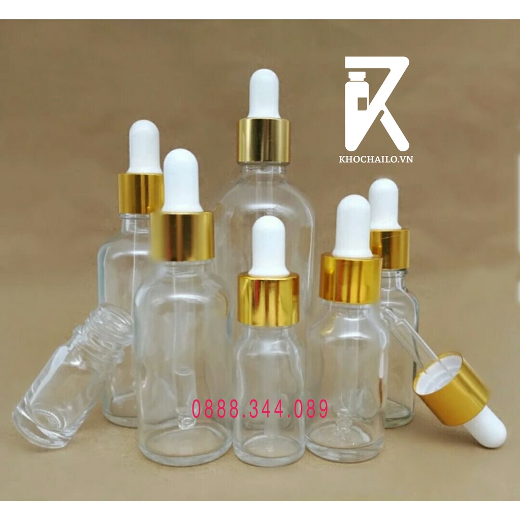 Vỏ chai thủy tinh, tinh dầu , chai serum trắng trong khoen vàng ống thủy tinh : 5ml, 10ml, 15ml, 20ml, 30ml, 50ml, 100ml