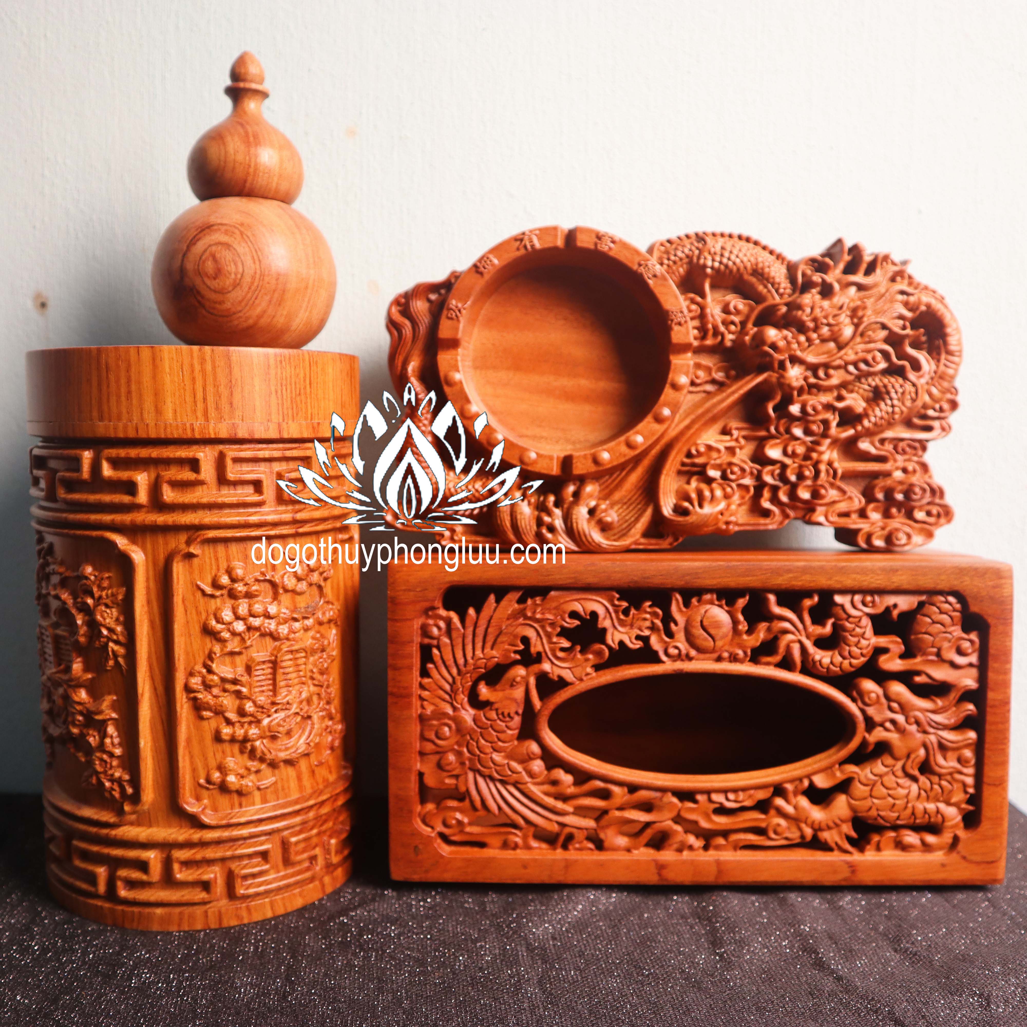 Combo 4 Món Phòng Khách Giá Rẻ Cao Cấp,Hộp Trà Tứ Quý,Gạt Tàn Rồng,Hộp Giấy Rồng Phượng,Hộp Tăm Bầu Nguyên Khối-ao