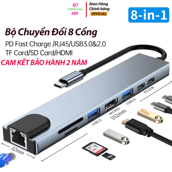Bảng giá Bộ Chuyển Đổi USB Type C 8 Trong 1 HDMI USB 3.0 -  Mạng Lan - SD/TF - 2 Cổng USB - USB/C - PD Kết Nối Với Điện Thoại Laptop ( CAM KẾT BẢO HÀNH 2 NĂM ) Phong Vũ