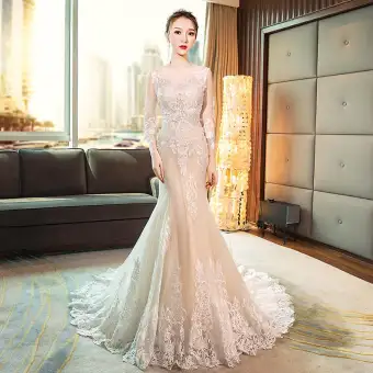 Fishtail Wedding Dress 2019 New Style Spring Long Sleeve Bride Marriage Slim Fit Waist Hugging Slimming Korean Small Tailing Female Fishtail Wedding Dress 2019 New Style Spring Long Sleeve Bride Marriage Slim Fit Waist Hugging Slimming Korean Small Tailing Female