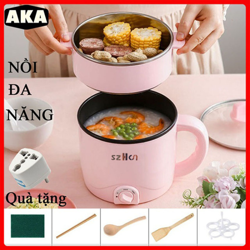 Nồi Lẩu Điện Mini Đa Năng Chống Dính loại tốt SZHCN, Dung Tích 1.5L Nấu Lẩu, Hấp Trứng, Nấu Cháo, chiên, xào chỉ với một nồi đa năng rất tiện lợi + 1 Bộ quà tặng đính kèm như hình - Aka mart