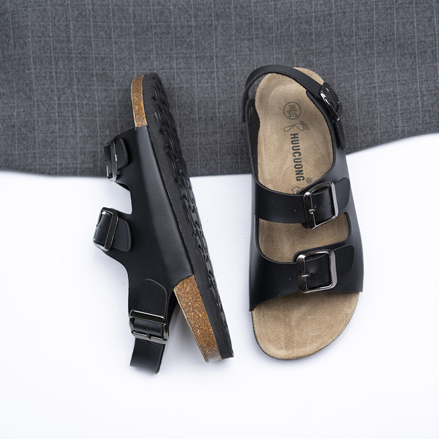 Giày Sandal Đế trấu Unisex 2 khóa da pu đen
