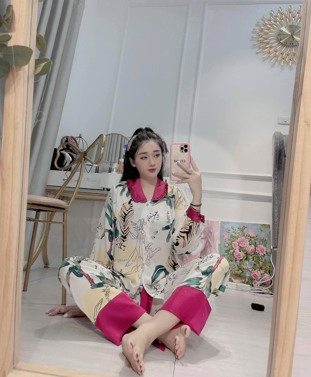 Bộ Pijama dài tay cổ sen lụa Mango cao cấp