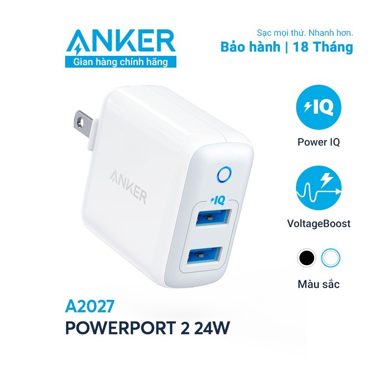 Sạc ANKER PowerPort II 2 cổng PowerIQ 24W - A2027 - Hàng Chính hãng - Củ sạc iphone