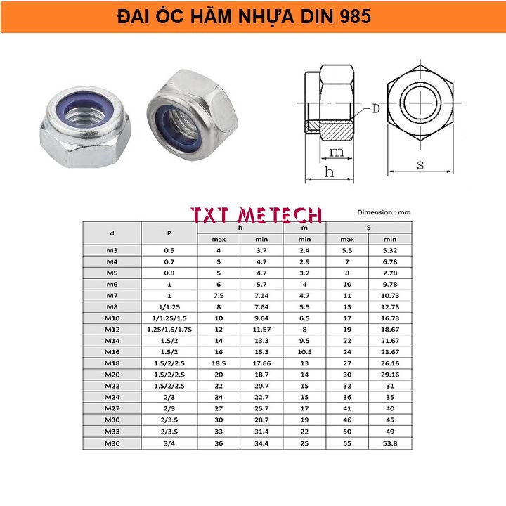 Đai ốc hãm chống trượt, tán keo M5-M12