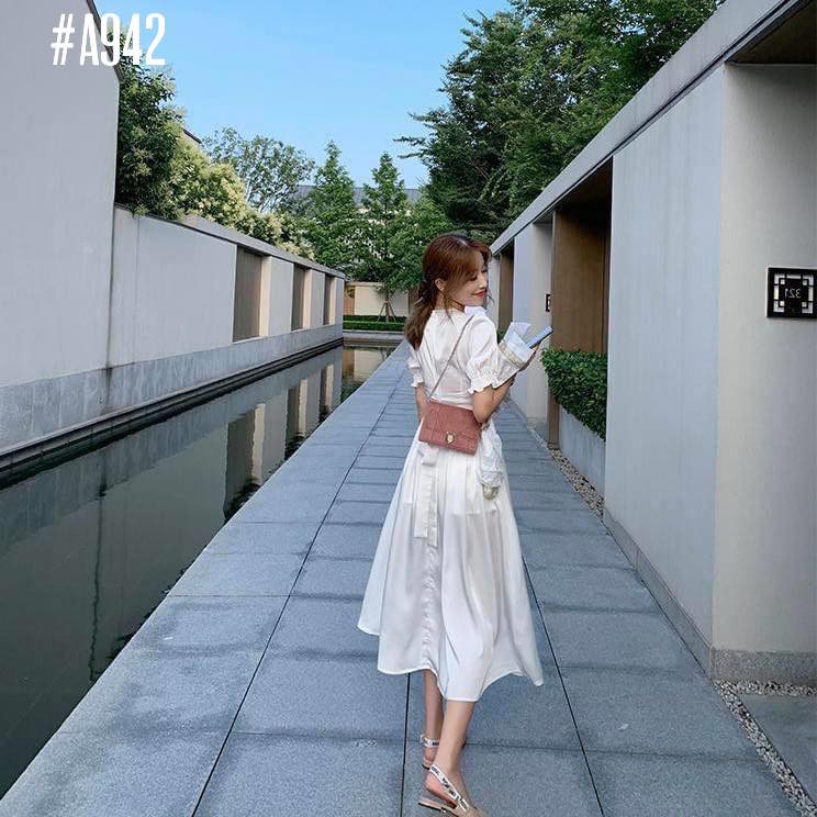 [Ảnh thật] Đầm trắng nhún ngực tay phồng xẻ tà cột nơ eo