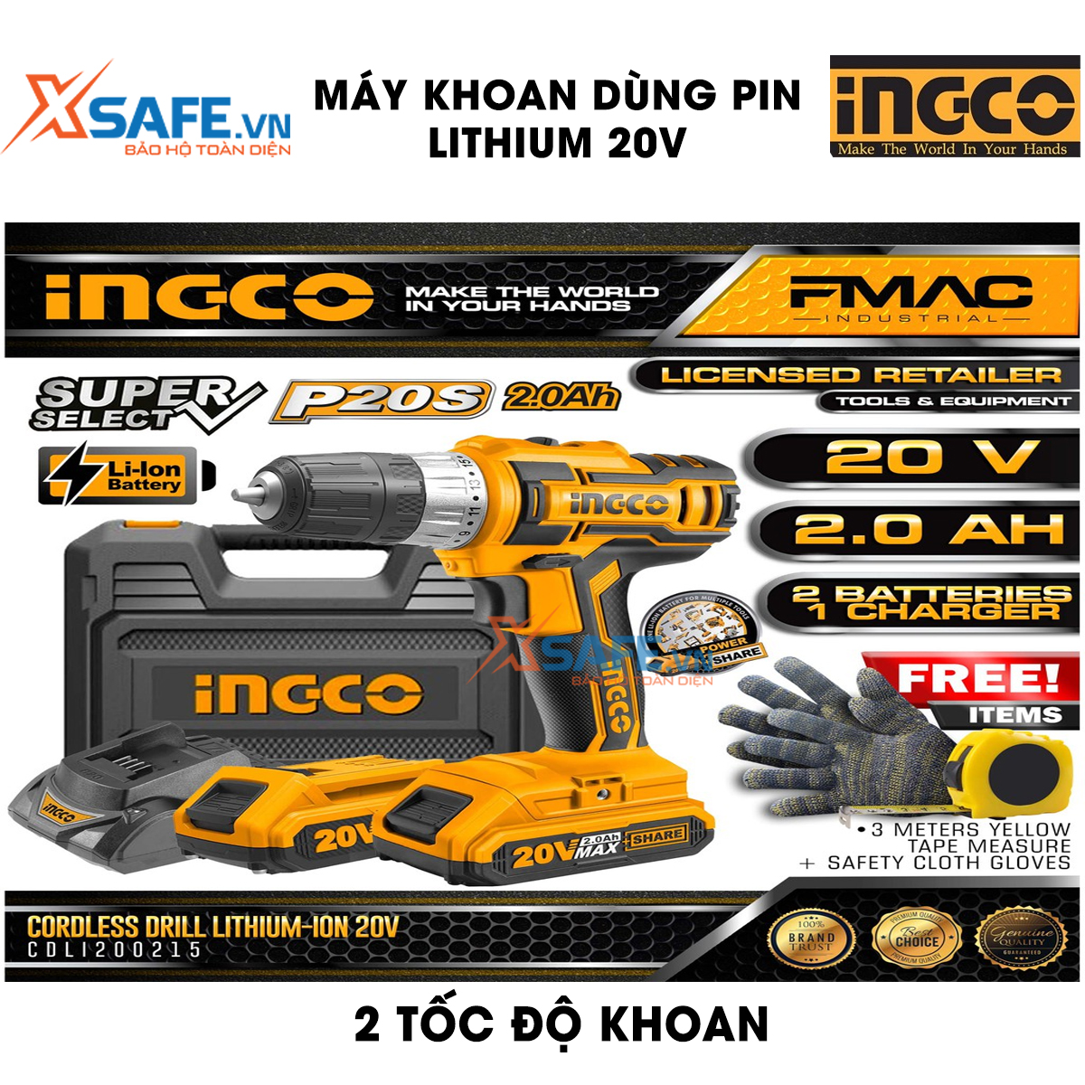 Drill using lithium battery 20V ingco CDLI200215 bundled 2 battery and 1 fast charging in one hour. Electric drill lithium battery 20V two speed 0-400Min and 0-1500/min, WARRANTY 3 month-genuine product by xsafe