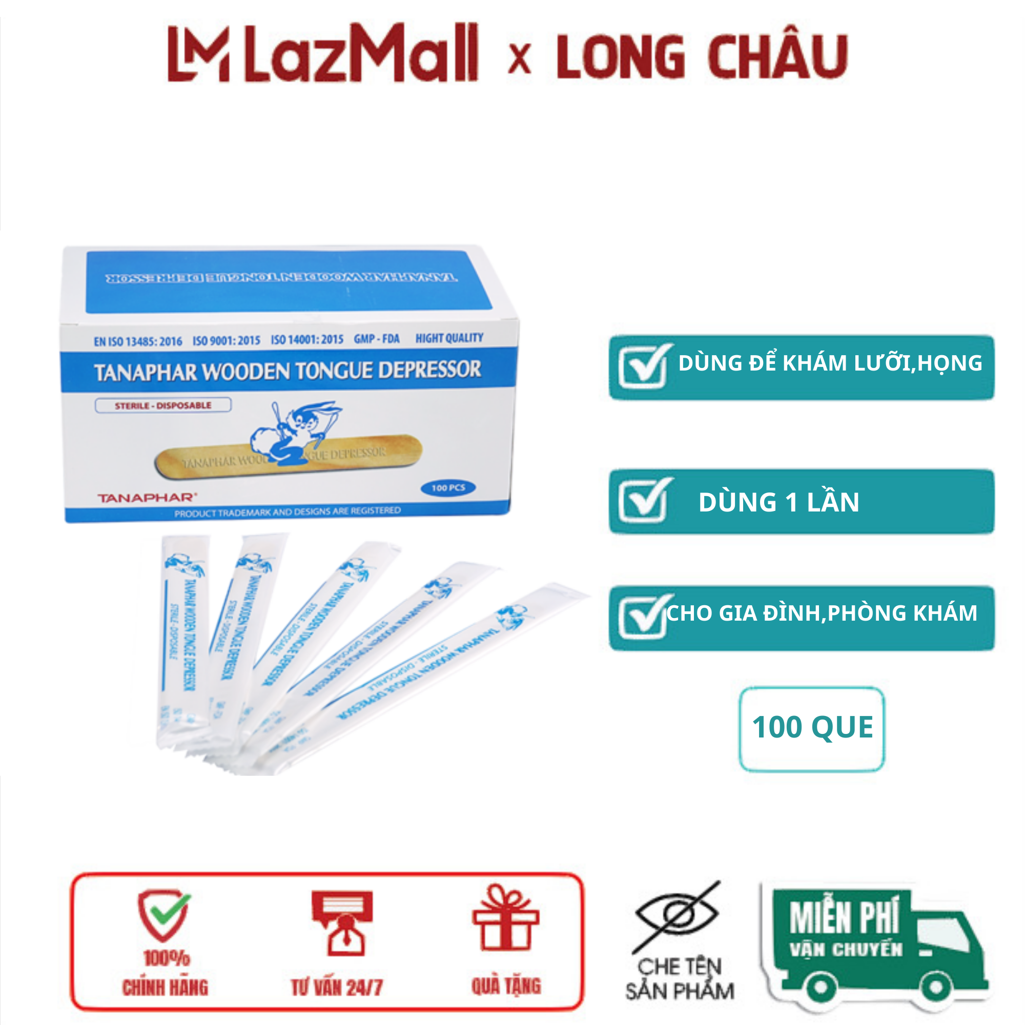 Que đè lưỡi gỗ tiệt trùng Tanaphar que làm đồ hanmade - hộp 100 que