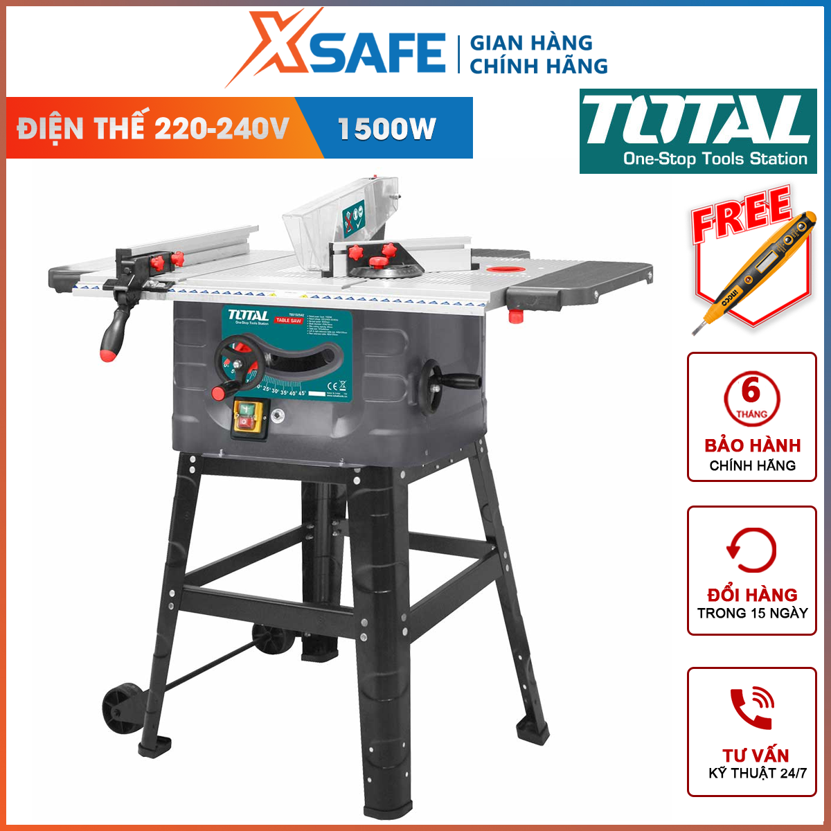 Machine table saws 1500w total ts5152542, blade size 254mm, cutting depth max 80mm-55mm, steel foot 4 feet, the initiative to stop in 90 độ and 45 độ