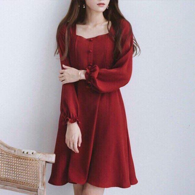 [HCM]Đầm đỏ tay dài nút bọc (kèm hình thật)