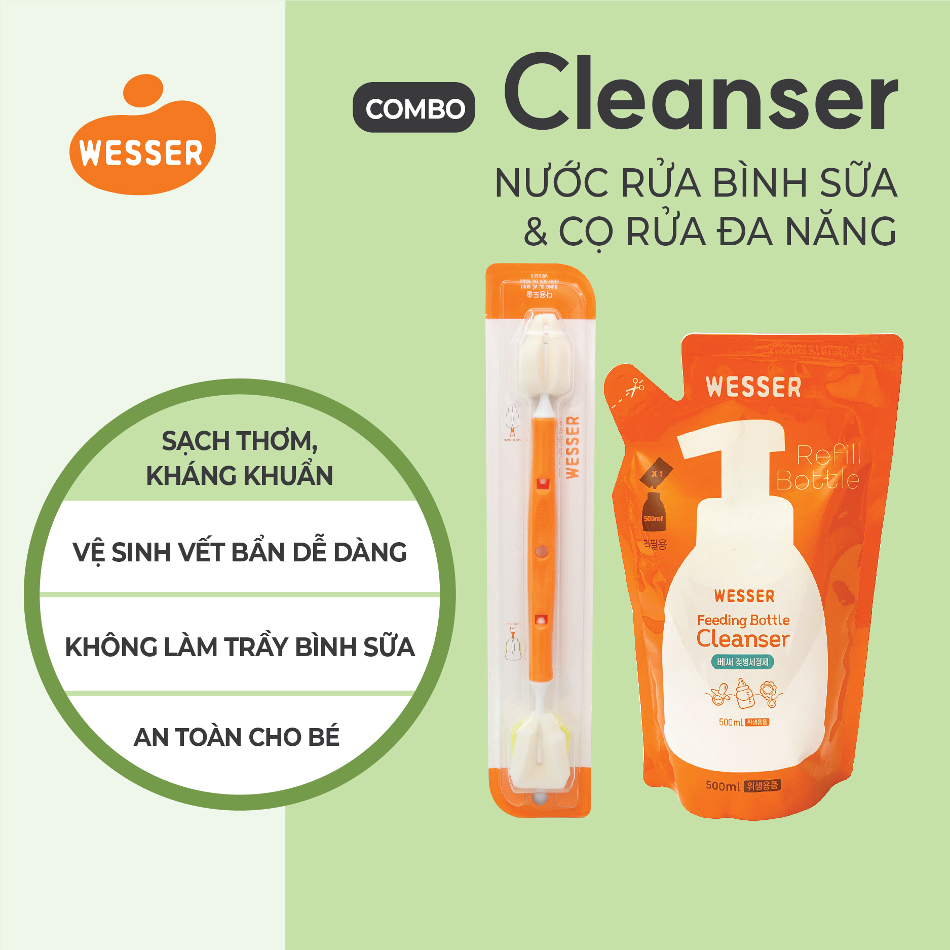 Combo Nước rửa bình sữa gói+ Dụng cụ vệ sinh bình sữa đa năng