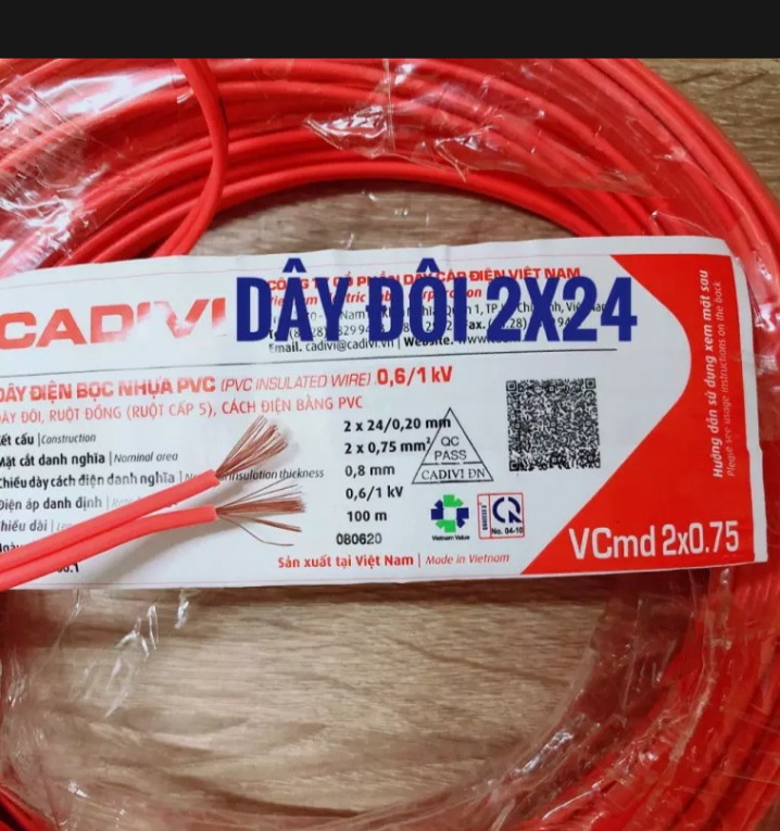 DÂY ĐIỆN ĐÔI 2X0.75 (  ĐÔI 24 ) CADIVI CUỘN 100 MÉT