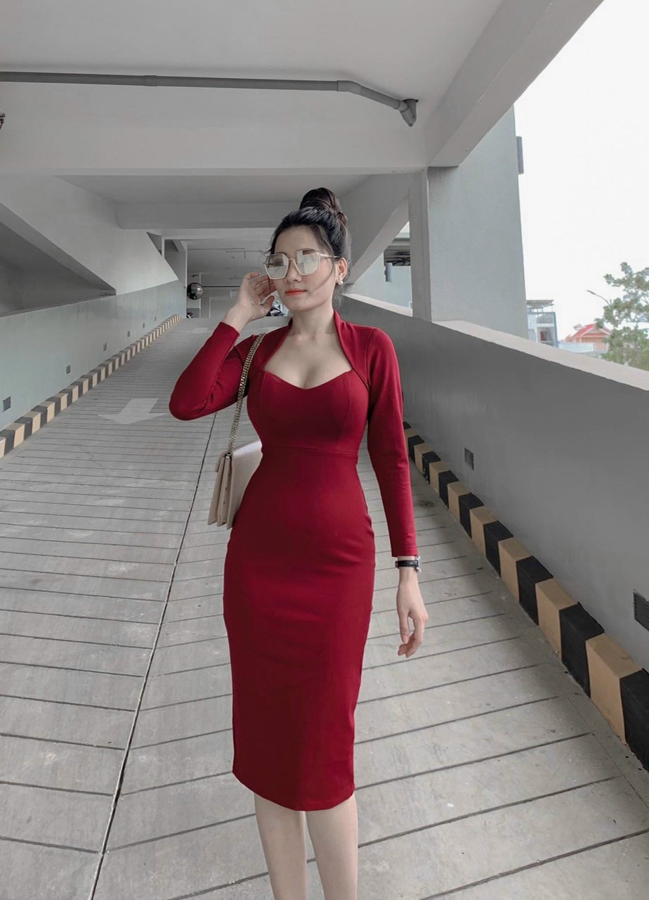Đầm body đỏ tay dài-QH #damnu