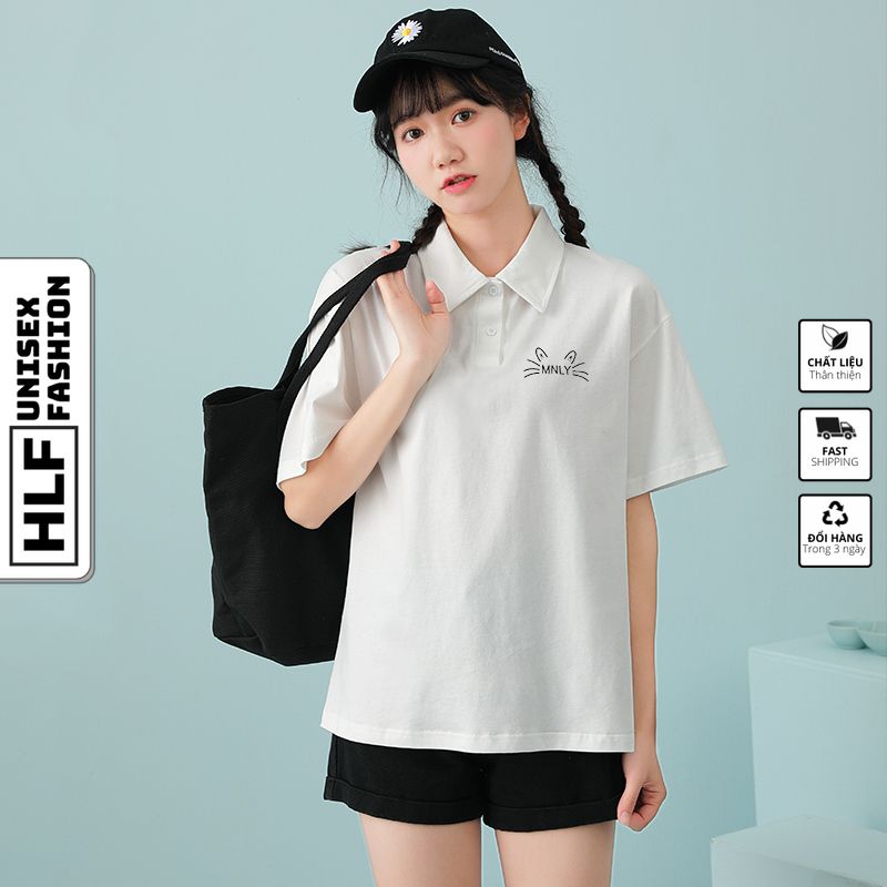 Áo thun polo cổ trụ unisex Ulzzang mèo MNLY, áo thun có cổ HLFashion