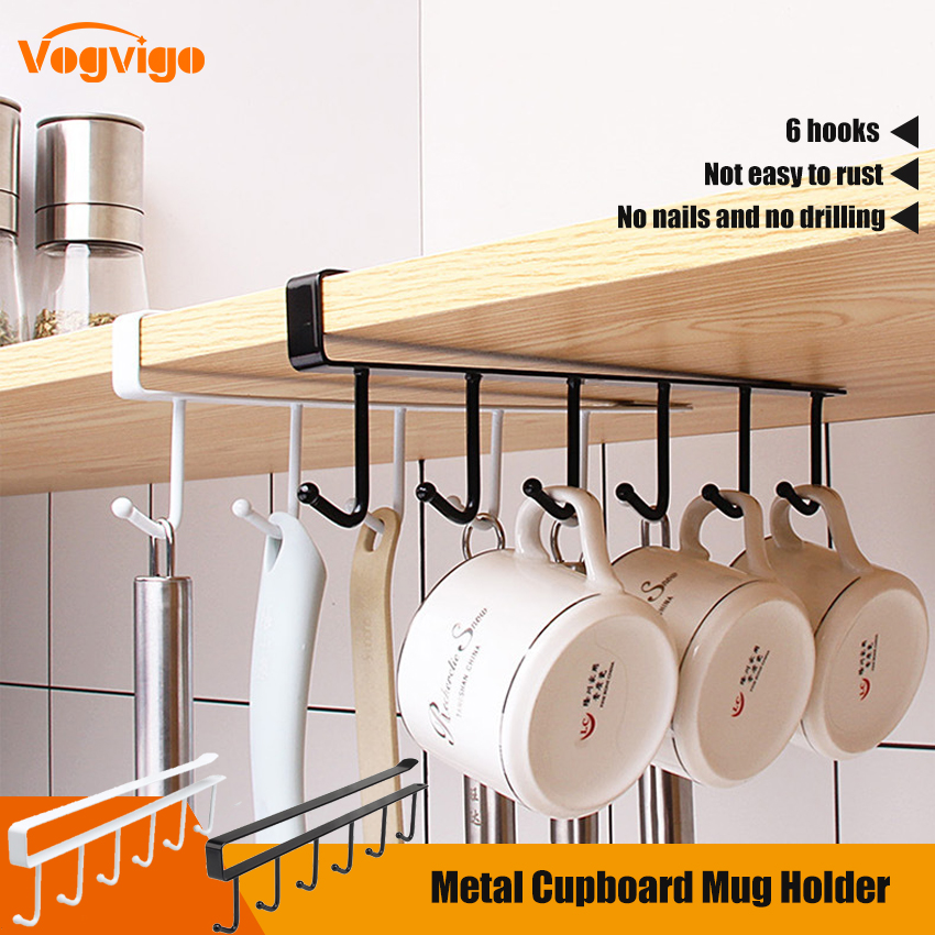 1Pc Multifunctional Metal Cupboard Mug Holder Shelf Hooks Rack Hanger Cup Storage