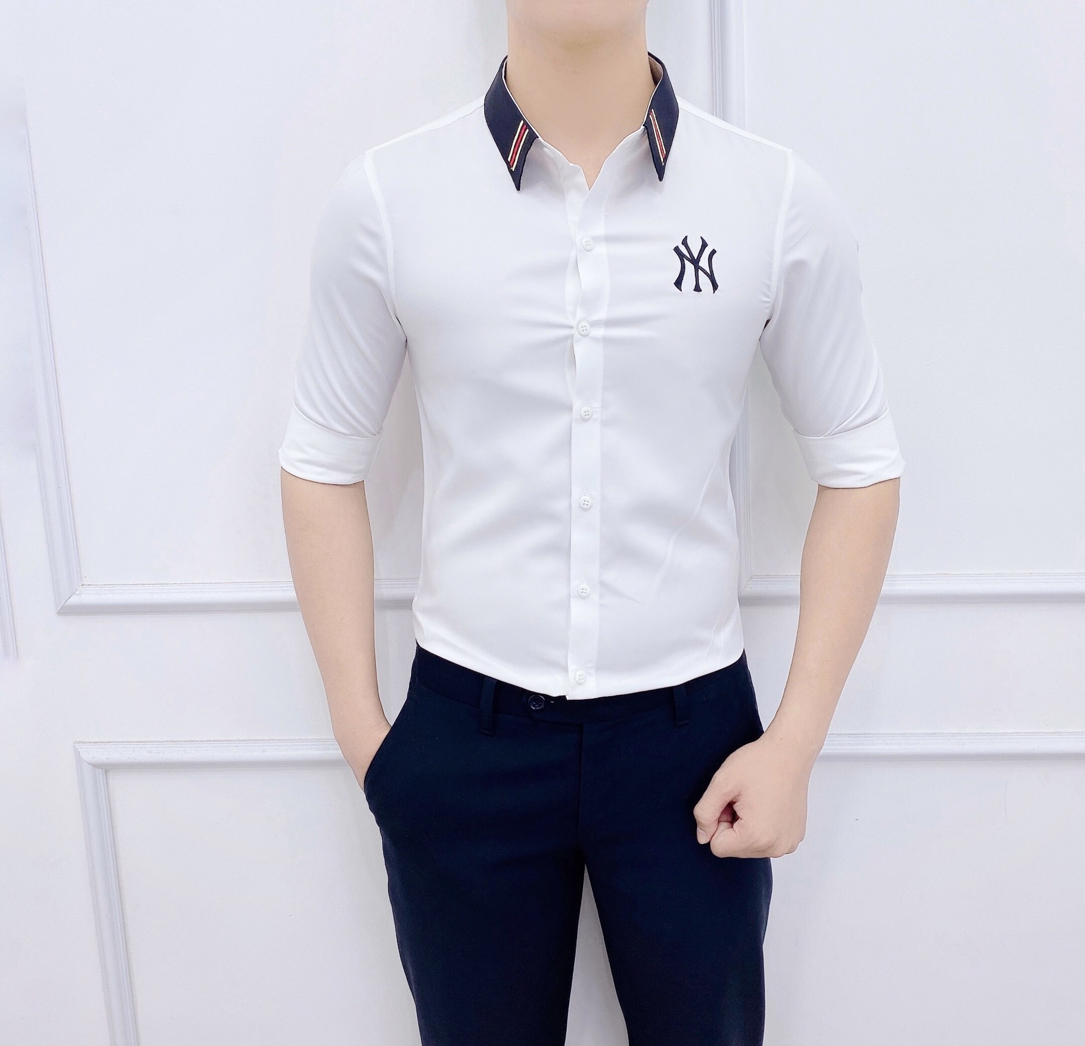 Áo Sơ Mi Trắng Nam Logo Thêu NY Chất Liệu Mền mịn (𝗛𝗮̀𝗻𝗴 𝗖𝗮𝗼 𝗖𝗮̂́𝗽)