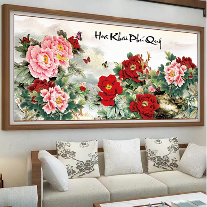 Tranh thêu chữ thập mẫu đơn hoa khai phú quý kích thước 100x51cm