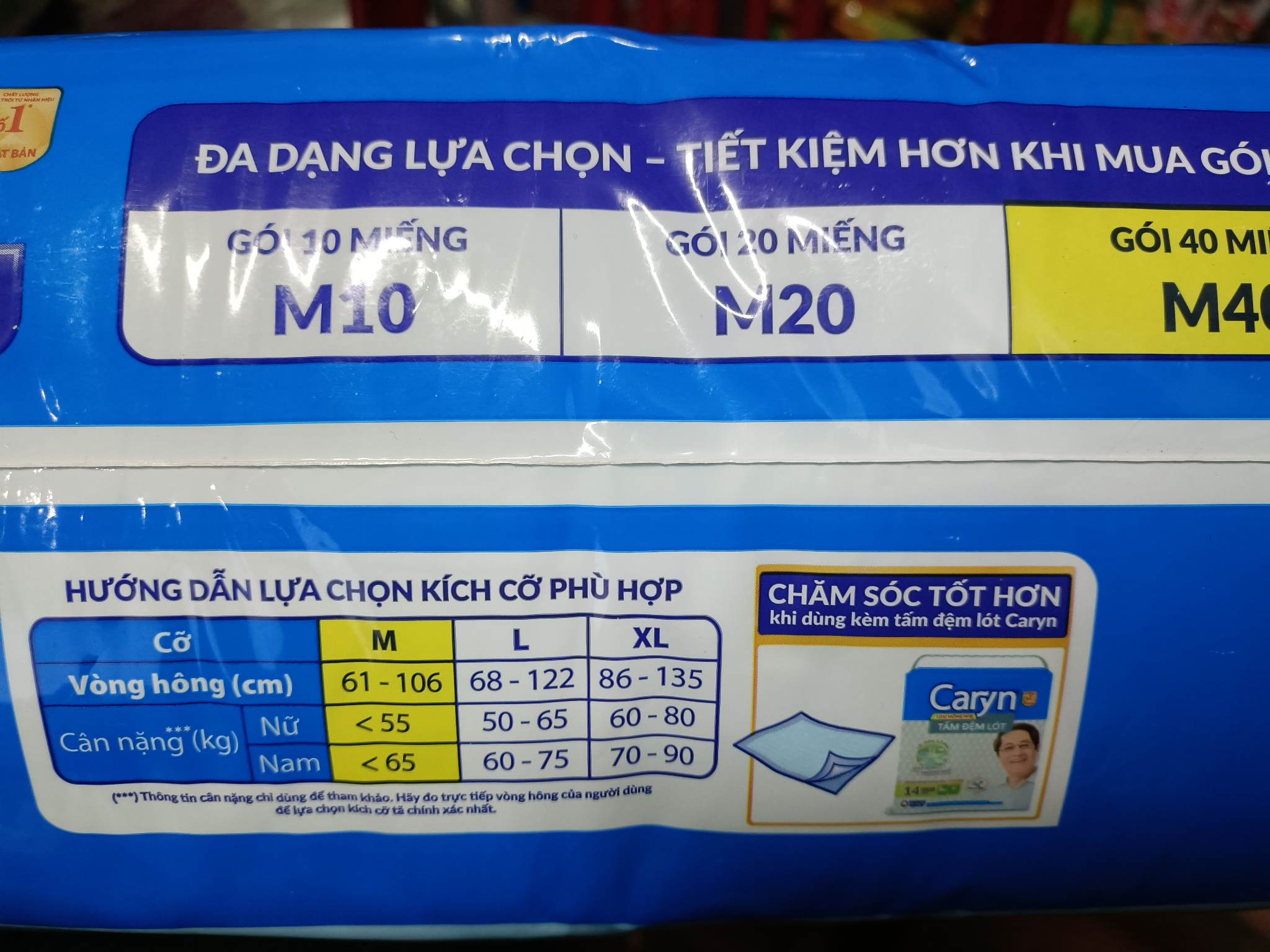 [HÀNG MỚI ] Tã Bỉm Dán Người lớn siêu thấm Caryn Size M40 miếng hương gừng trắng ( Mới )