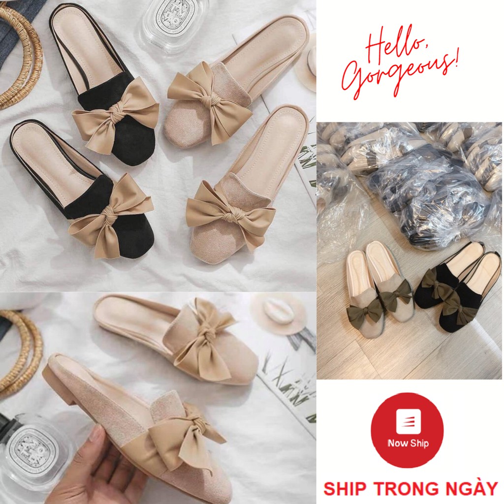 [Mã FASHIONG10 giảm 10k đơn 50k] Giày Mules Nơ Da Lộn Giày Lười Nữ G15