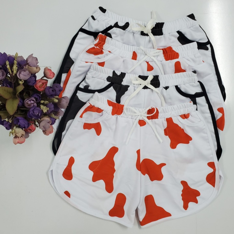 Quần short màu bò sữa, Quần đùi in hình bò sữa vải thun mềm mịn, măt Freesize từ 38-58kg