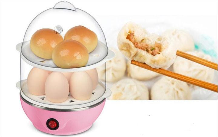 Máy luộc trứng mini kiêm nồi hấp thức ăn đa năng 2 tầng (Hồng)